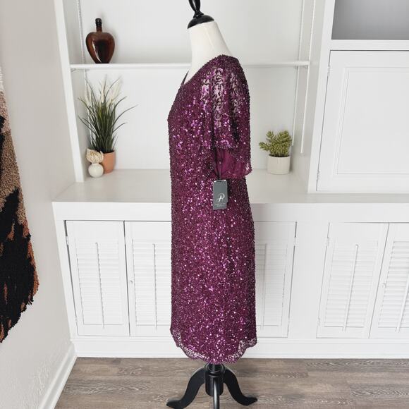 Adrianna Papell Cabernet Purple Sequin Beaded Flutter Sleeve Cocktail Dress 12 - Picture 5 of 9